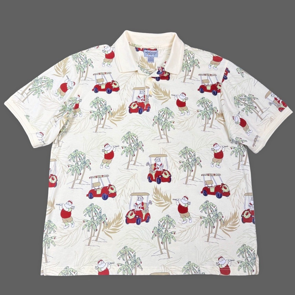 Windham Pointe Mens Vintage Polo XL Cream Tropical Golf Santa Christmas Vacation